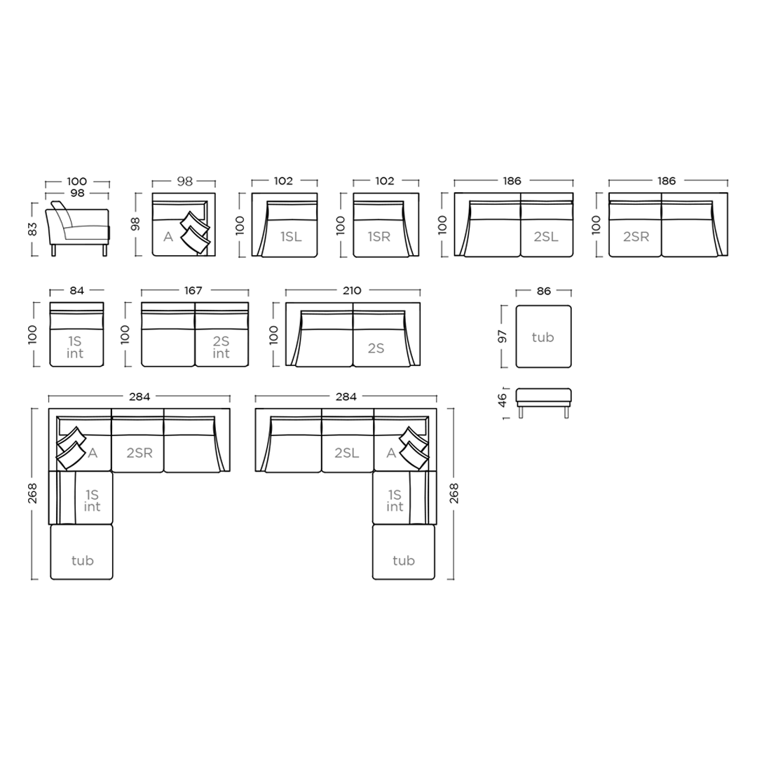 Spezifikation vom ADELE Designersofa, Gestell aus Massivholz mit Stoffpolsterung