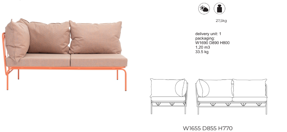 ATAMAN MODULAR GARTENSOFA-Spezifikation vom Designer Eckelement links 160cm breit aus pulverbeschichtetem Edelstahl und einem Stahlgeflecht.