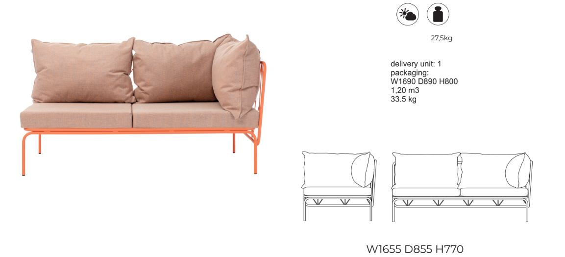 ATAMAN MODULAR GARTENSOFA-Spezifikation vom Designer Eckelement rechts 160cm breit aus pulverbeschichtetem Edelstahl und einem Stahlgeflecht.