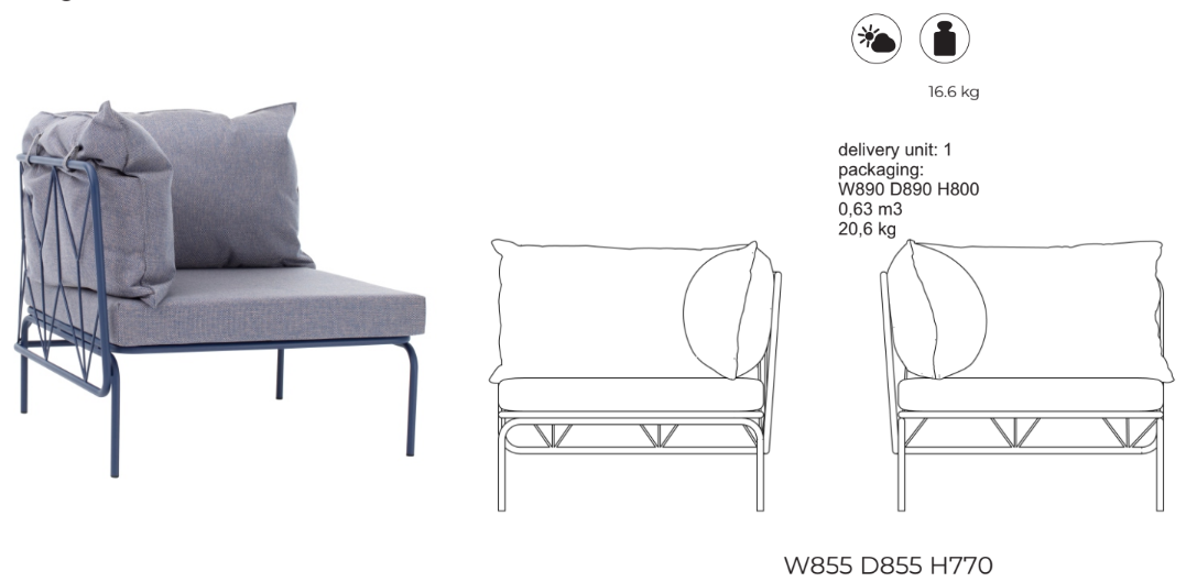 ATAMAN MODULAR GARTENSOFA-rechts Eckelement-aus pulverbeschichtetem Edelstahl und einem Stahlgeflecht