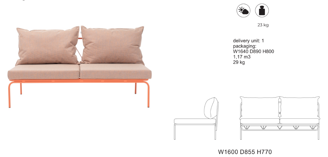 ATAMAN MODULAR Gartensofa-Spezifikation vom Designer Gartensofa 160 cm breites Element aus pulverbeschichtetem Edelstahl und einem Stahlgeflecht.