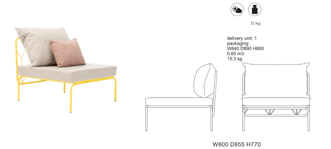 ATMAN MODUALR-Gartensofa-Zentrales Element aus pulverbeschichtetem Edelstahl und einem Stahlgeflecht