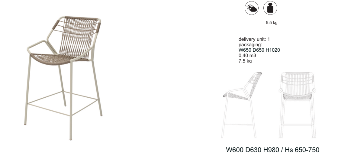 KAPUA-BAR Barhocker-ohne Armlehnen aus pulverbeschichtetem Edelstahlund einem Stoffseilgeflech