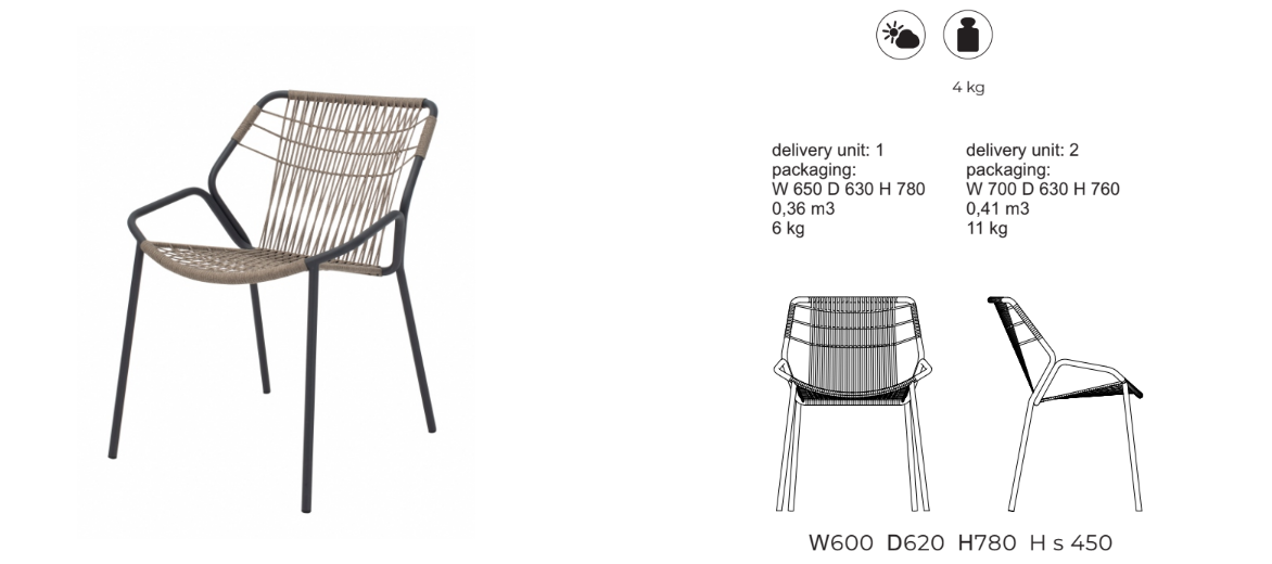 KAPUA-Gartenstuhl-ohne Armlehnen aus pulverbeschichtetem Edelstahlund einem Stoffseilgeflecht