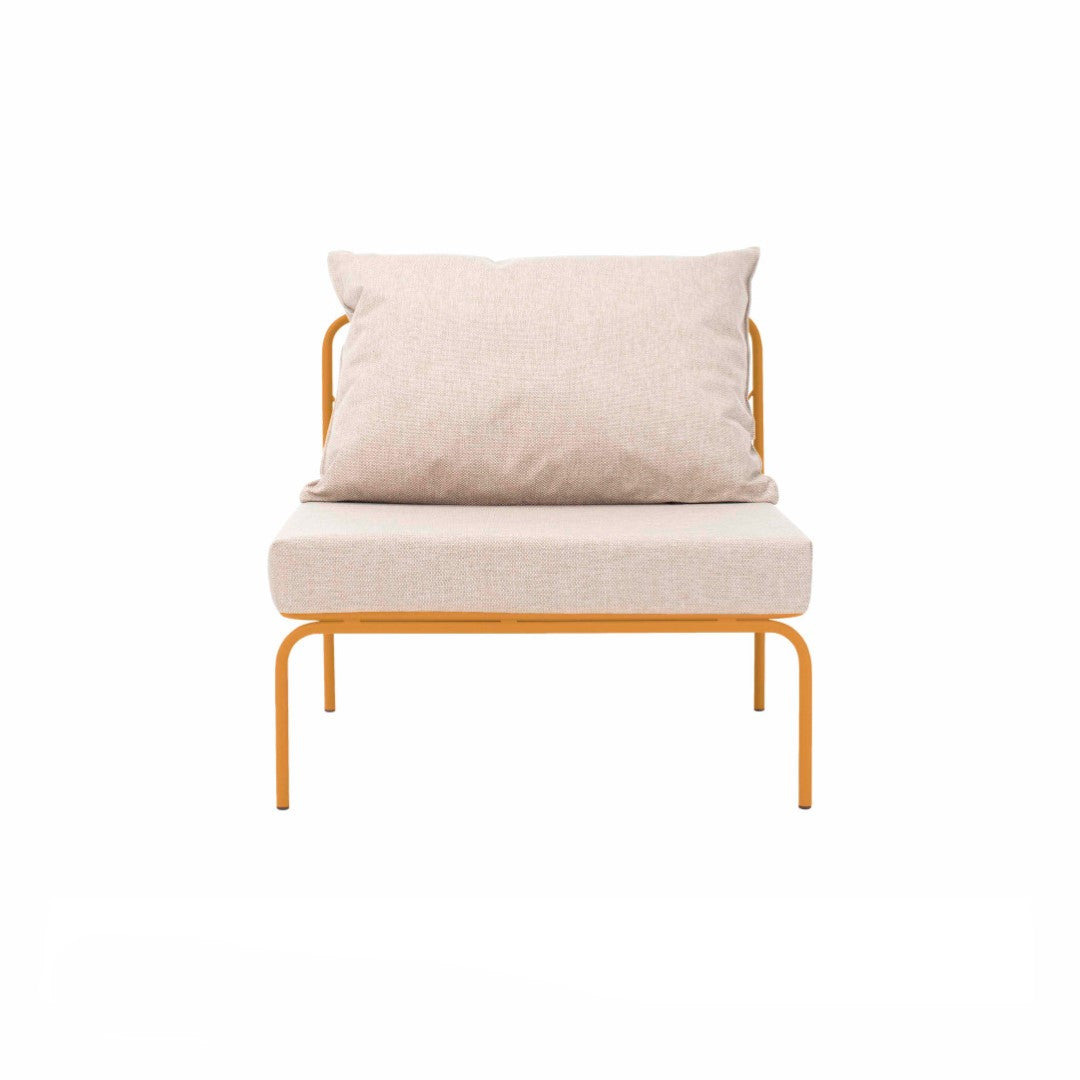 ATMAN MODUALR-Gartensofa-Zentrales Element aus pulverbeschichtetem Edelstahl und einem Stahlgeflecht-ockergelb-vorne