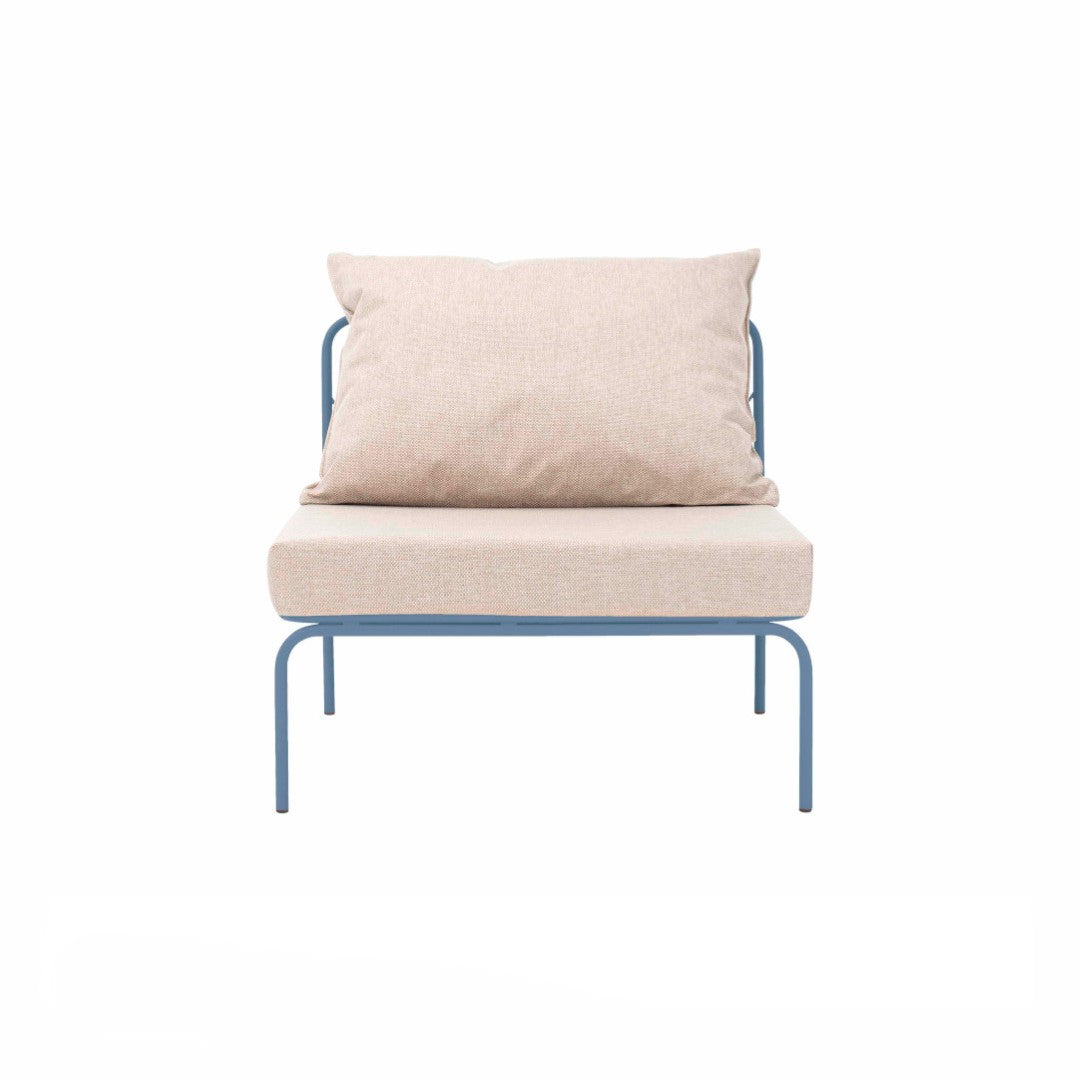 ATMAN MODUALR-Gartensofa-Zentrales Element aus pulverbeschichtetem Edelstahl und einem Stahlgeflecht-taubenblau-vorne