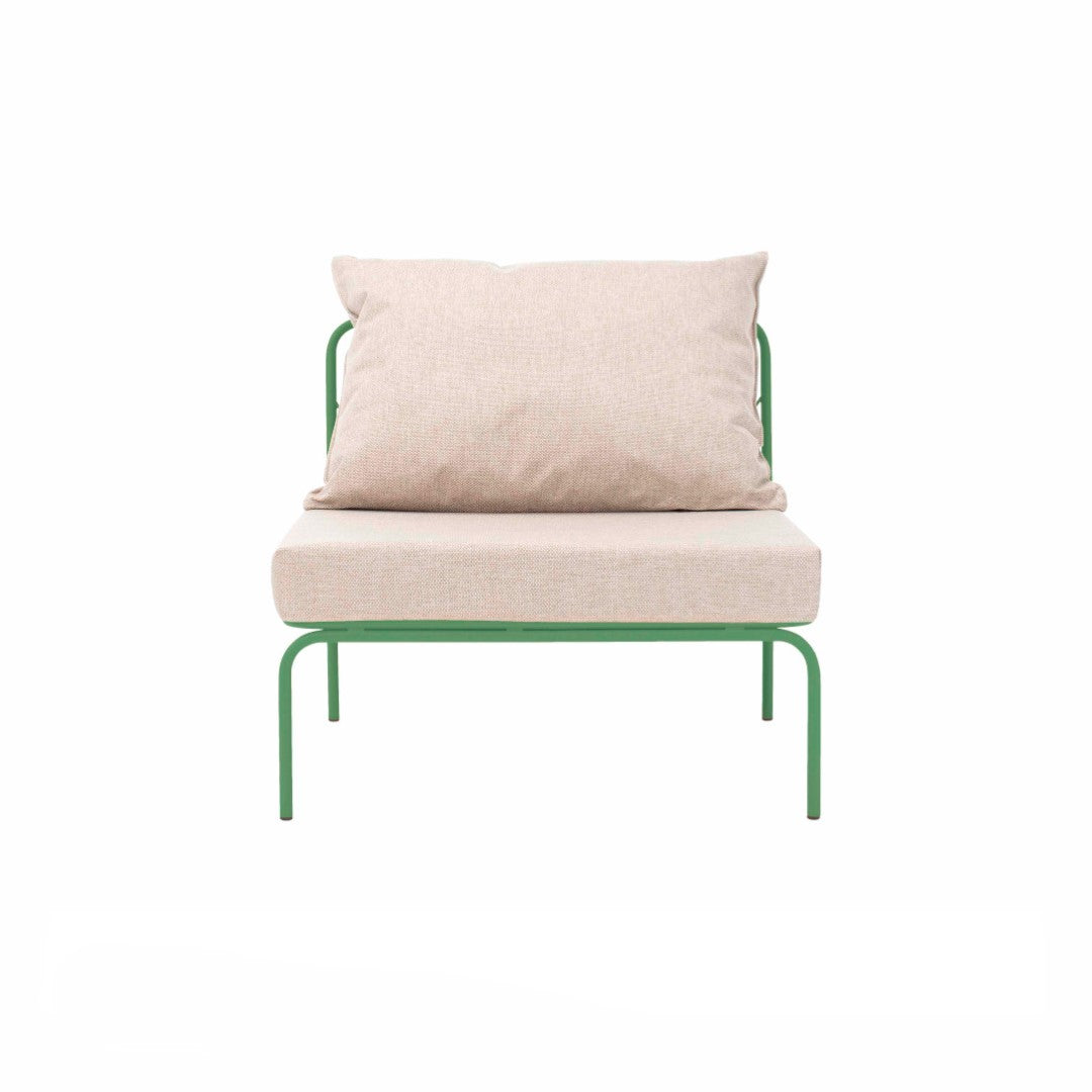 ATMAN MODUALR-Gartensofa-Zentrales Element aus pulverbeschichtetem Edelstahl und einem Stahlgeflecht-resedagrün-vorne