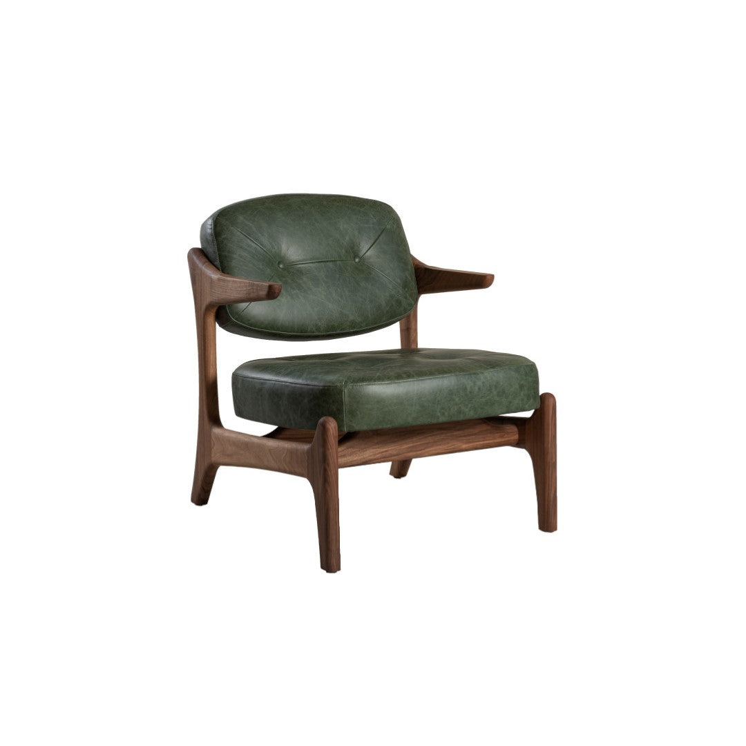 BAIA-Designer Sessel aus Massivholz Lederpolsterung-frontale Seitenansicht-leder dallas-nussbaum
