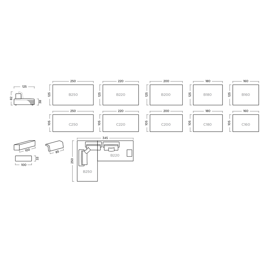 Spezifikation Capri Designersofa, Gestell aus Massivholz mit Stoffpolsterung