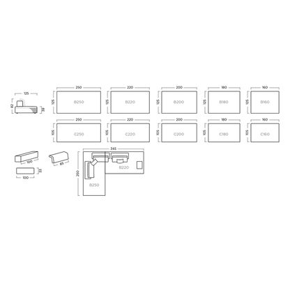 Spezifikation Capri Designersofa, Gestell aus Massivholz mit Stoffpolsterung