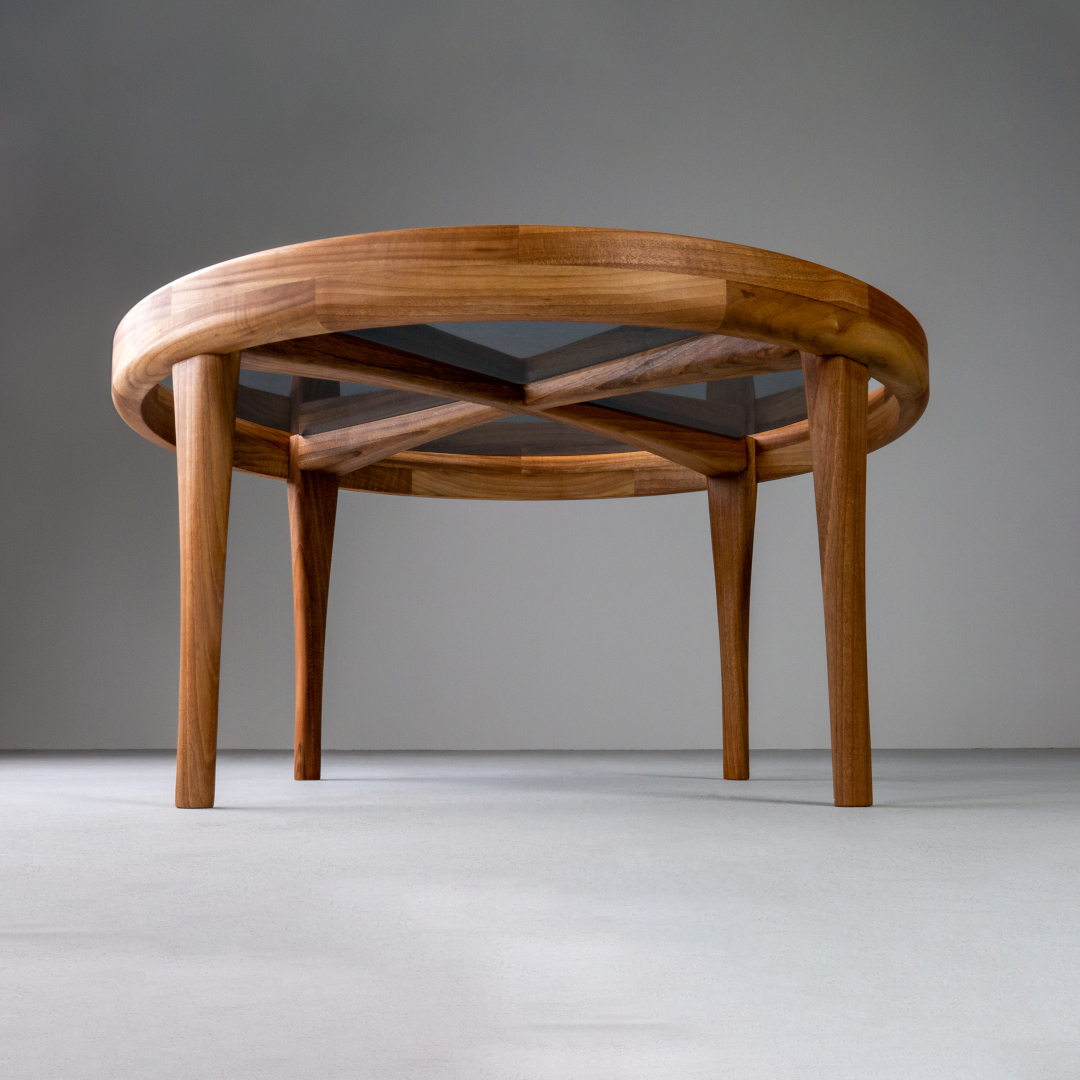 ELISA-Designer Couchtisch, Gestell aus Massivholz-Glasplatte-Natur-Seite