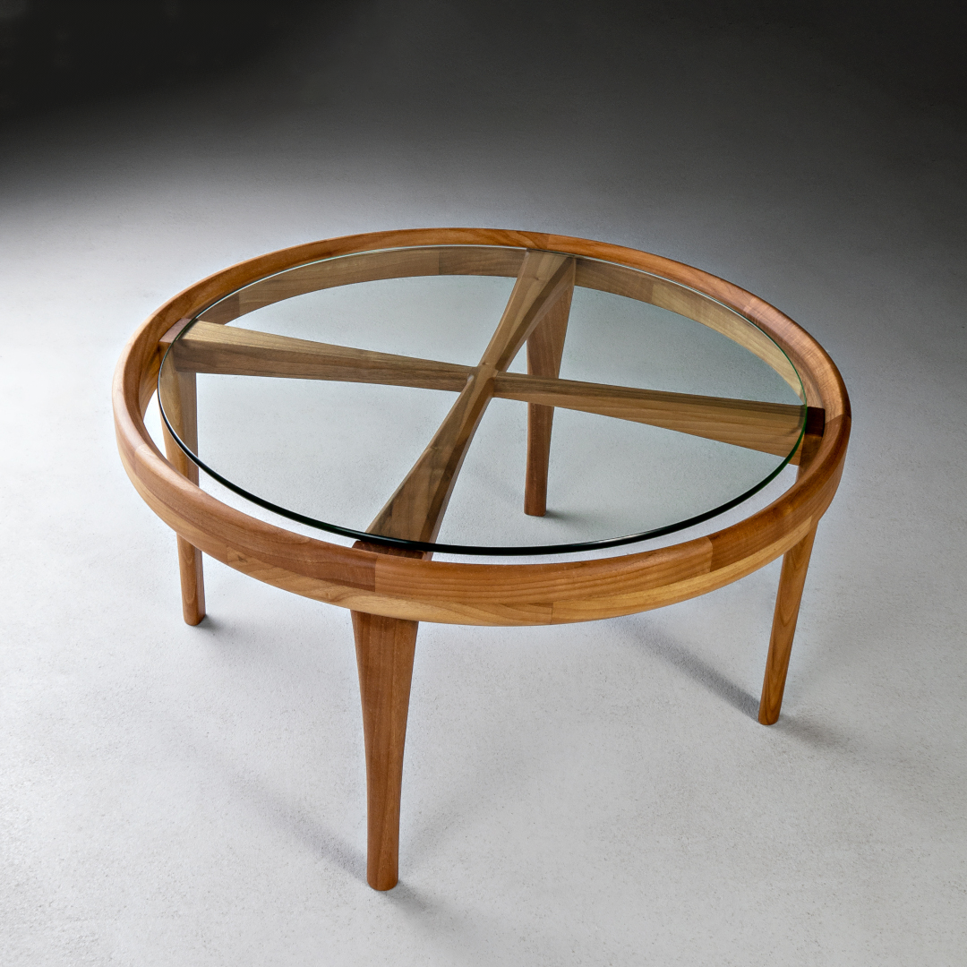 ELISA-Designer Couchtisch, Gestell aus Massivholz-Glasplatte-Natur