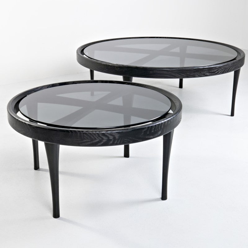 ELISA-Designer Couchtisch, Gestell aus Massivholz, Glasplatte-schwarz lackiert