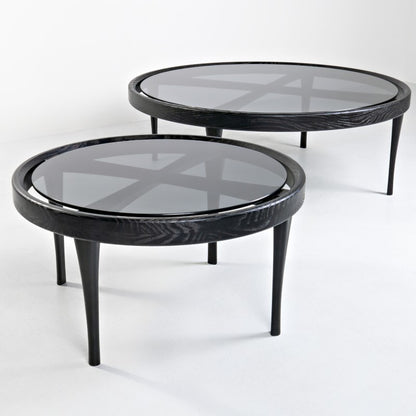 ELISA-Designer Couchtisch, Gestell aus Massivholz, Glasplatte-schwarz lackiert