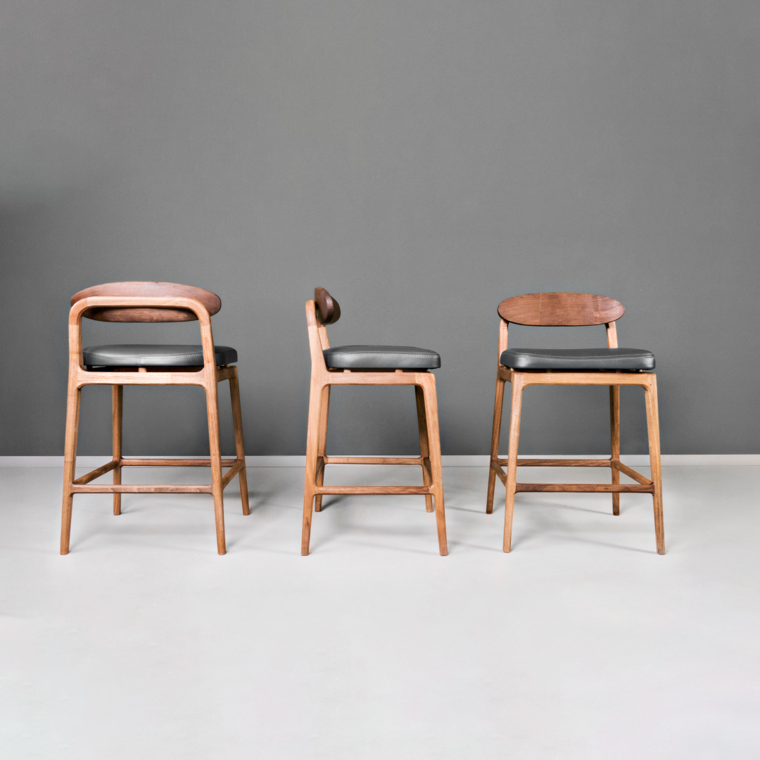 LABOR-Designer Barhocker aus Massivholz und Lederpolsterung-alle Seiten